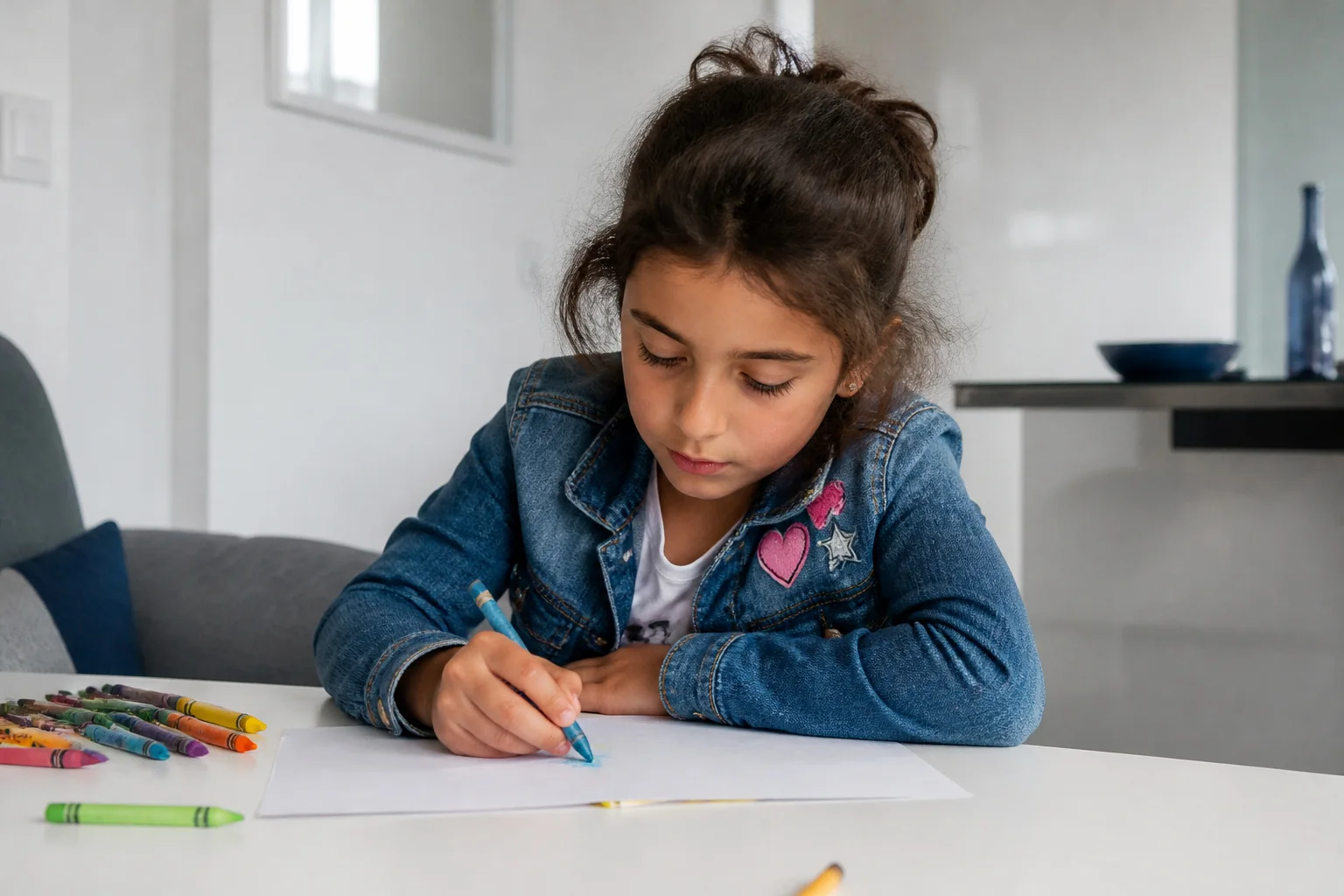 Aydınlık bir odada masa başında renkli kalemlerle resim yapan kot ceketli küçük bir kız