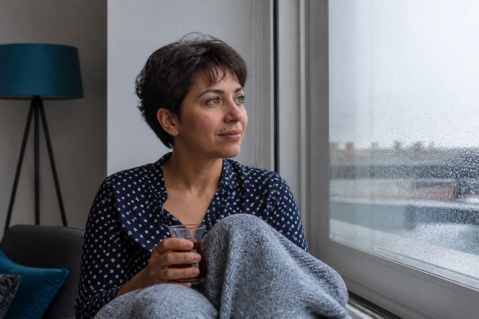 Battaniyeye sarınmış orta yaşlı bir kadın pencere kenarında oturmuş, elinde bir fincanla dışarıya bakıyor
