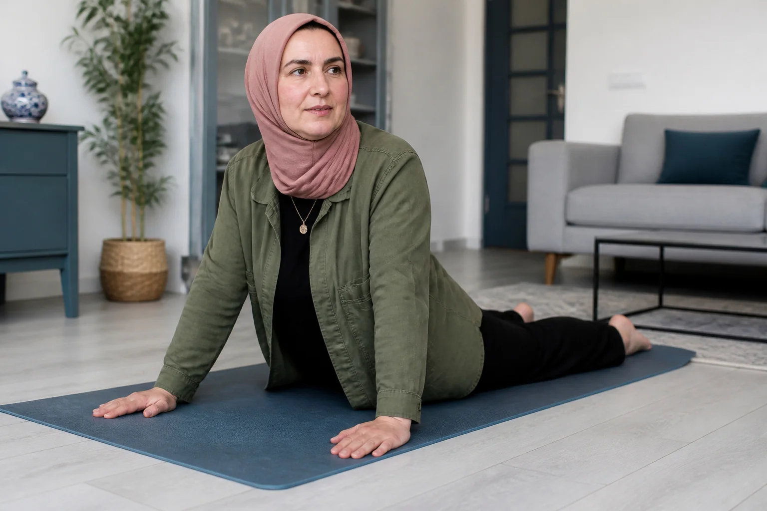 Aydınlık bir salonda yoga matının üzerinde esneme hareketi yapan genç kadın