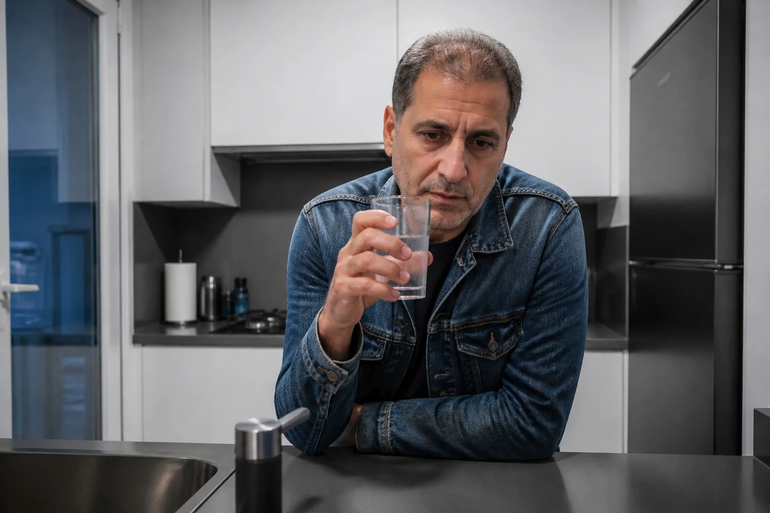 Kot ceketli orta yaşlı bir adam mutfakta oturmuş, bir bardak suyu yavaşça içerek sakinleşmeye çalışıyor